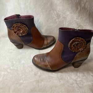 Two-Tone Brown and Purple Floral Accent Leather Ankle Booties
